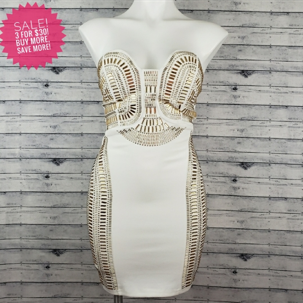 🆕️Agaci Cream And Gold Strapless Bodycon Dress Sm - Picture 1 of 7